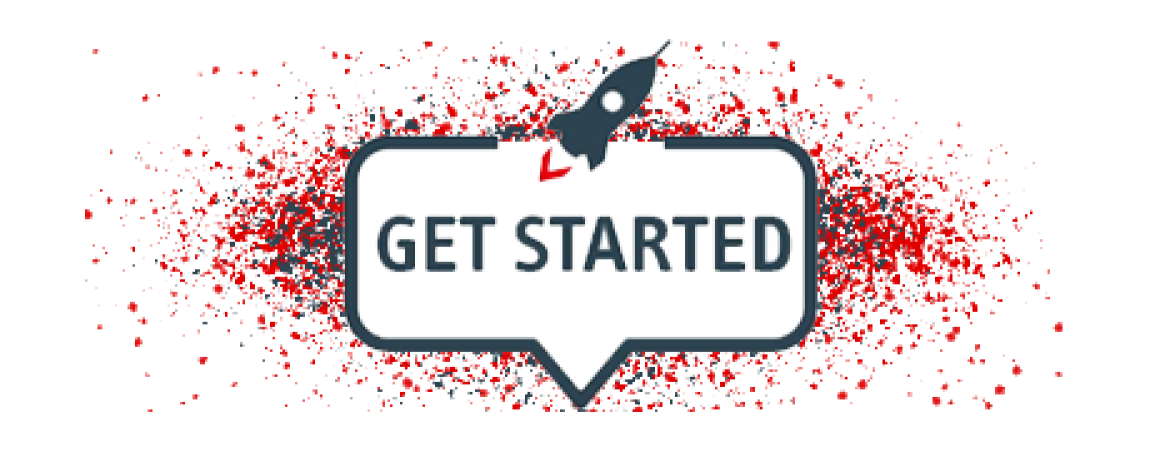 Get Started in a speech bubble with a rocket ship above it and an abstract splatter background
