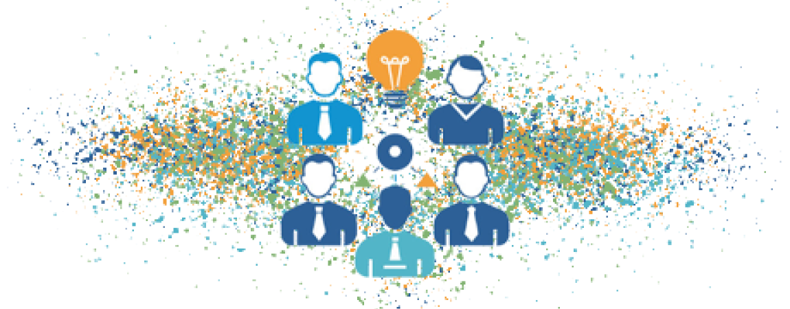 Clip art of people around a center circle and a lightbulb on top sharing ideas