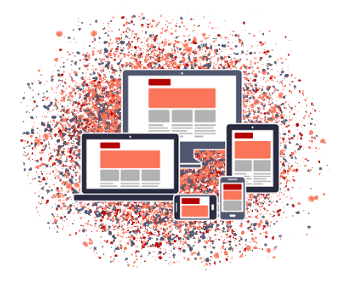 clip art showing several electronic devices, a desktop computer monitor, a laptop, a tablet and two cell phones, with a website layout scaling to fit each device