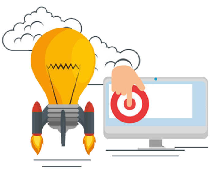 Rocket ship light bulb blasting off next to a computer with a bullseye on it and a hand pressing it