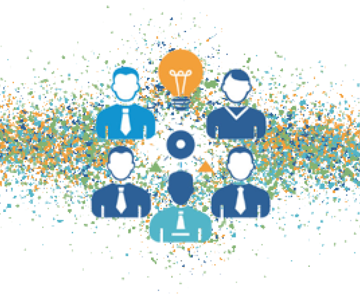 Clip art of people around a center circle and a lightbulb on top sharing ideas