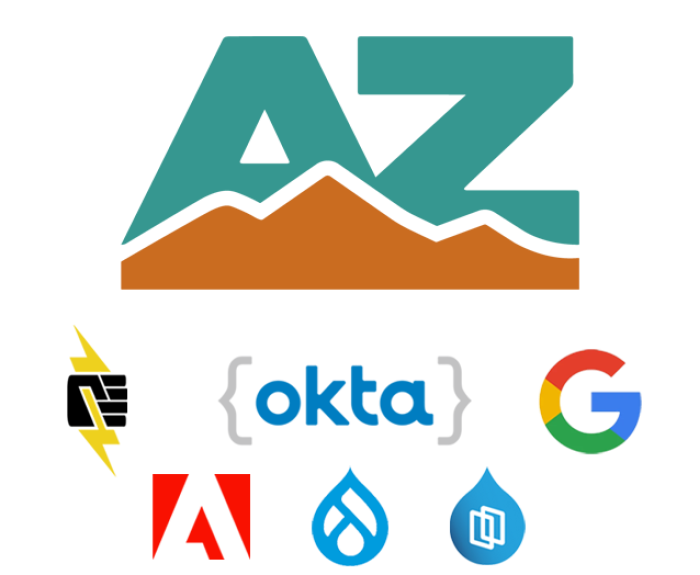 Arizona Logo with the following logos  - Pantheon.io, Drupal, Aquia Optimize, Google, Okta and Adobe 