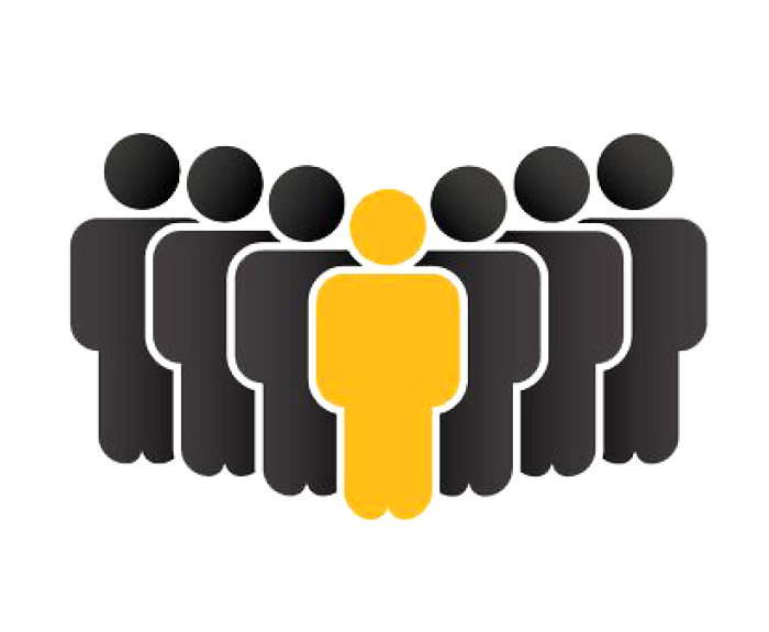 6 stick figures, 5 that are dark and 1 is yellow